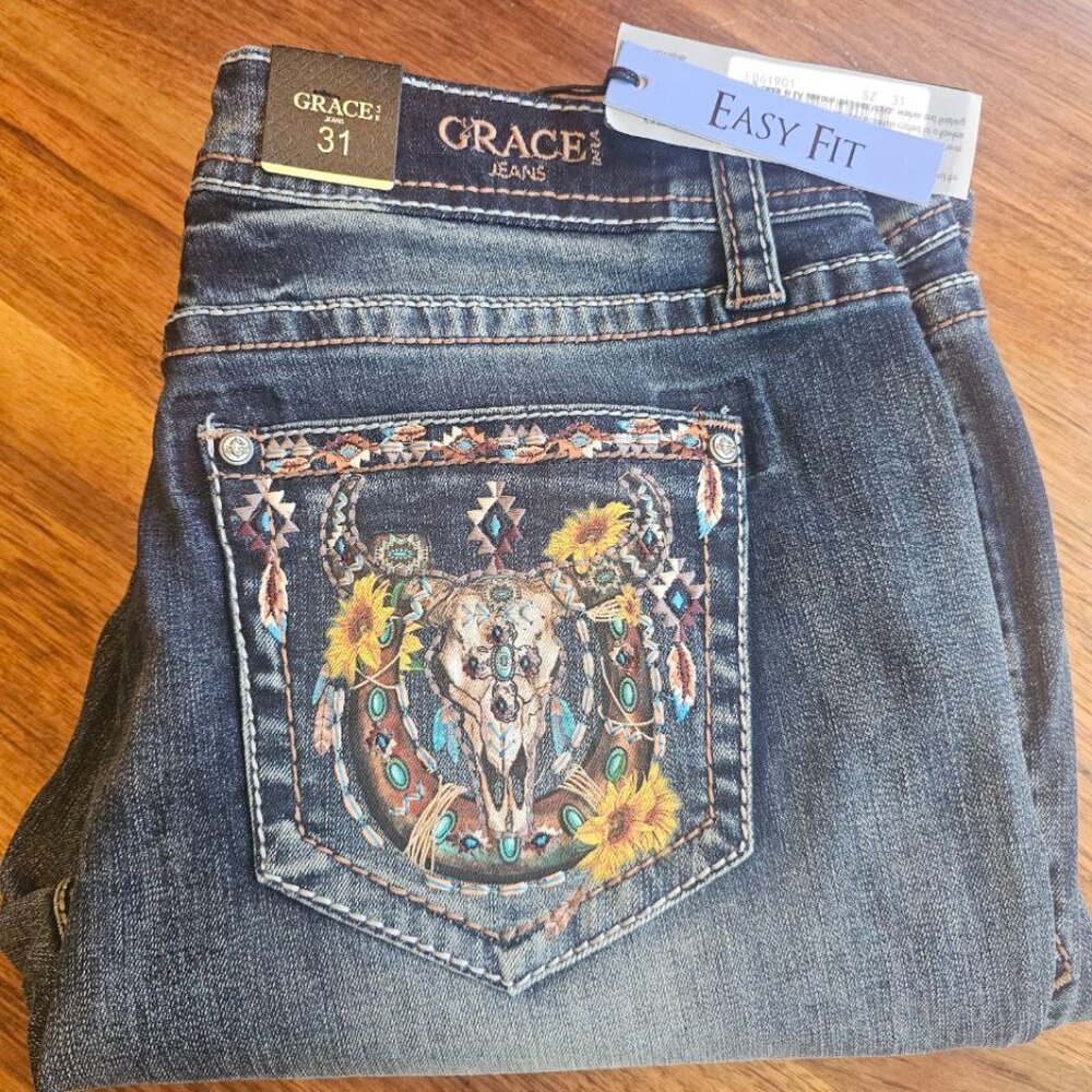 Grace Jeans Easy Fit Size 31 Embroidered New with Tags